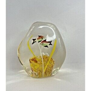 Art Glass Fish Aquarium Paperweight Double Sided Murano Style 3.5" Tall Yellow